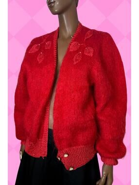 Vintage Red Mohair Knit Cardigan Sweater with Leaf Embroidery one size